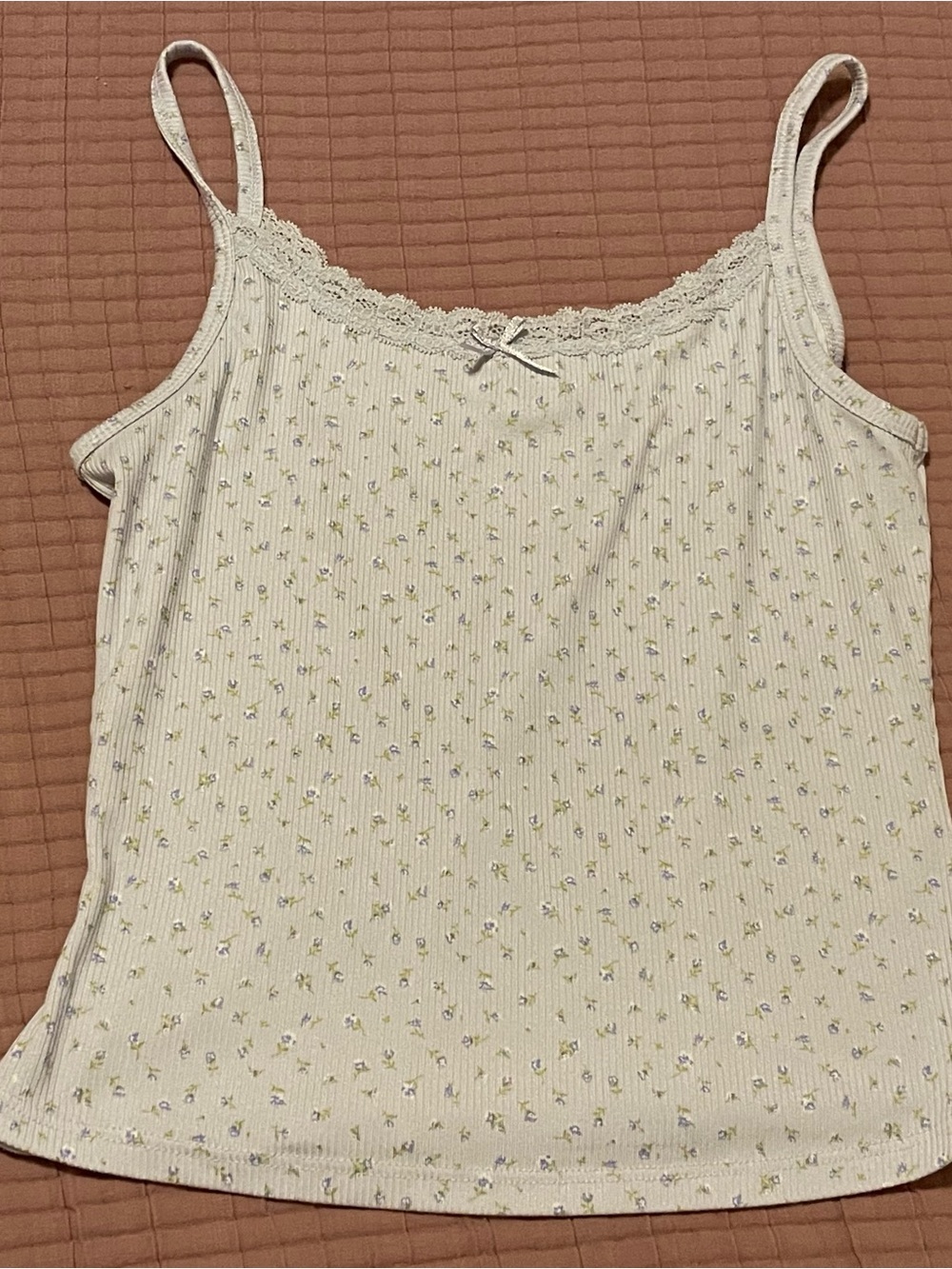 Just Polly Floral Print Ribbed Tank Top with Lace Trim